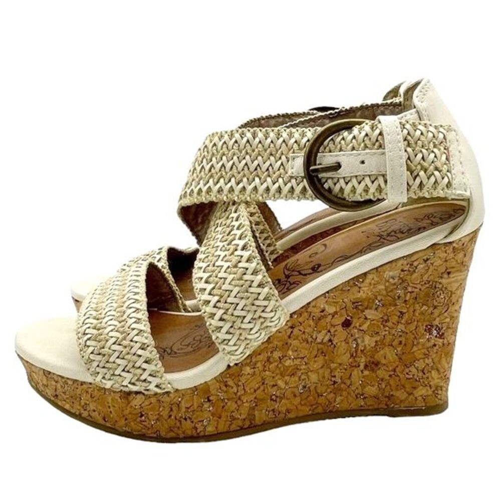 Buckle BKE Sole Reid Cream & Cork Platform Woven Strap Sandals Women’s Size 8.5
